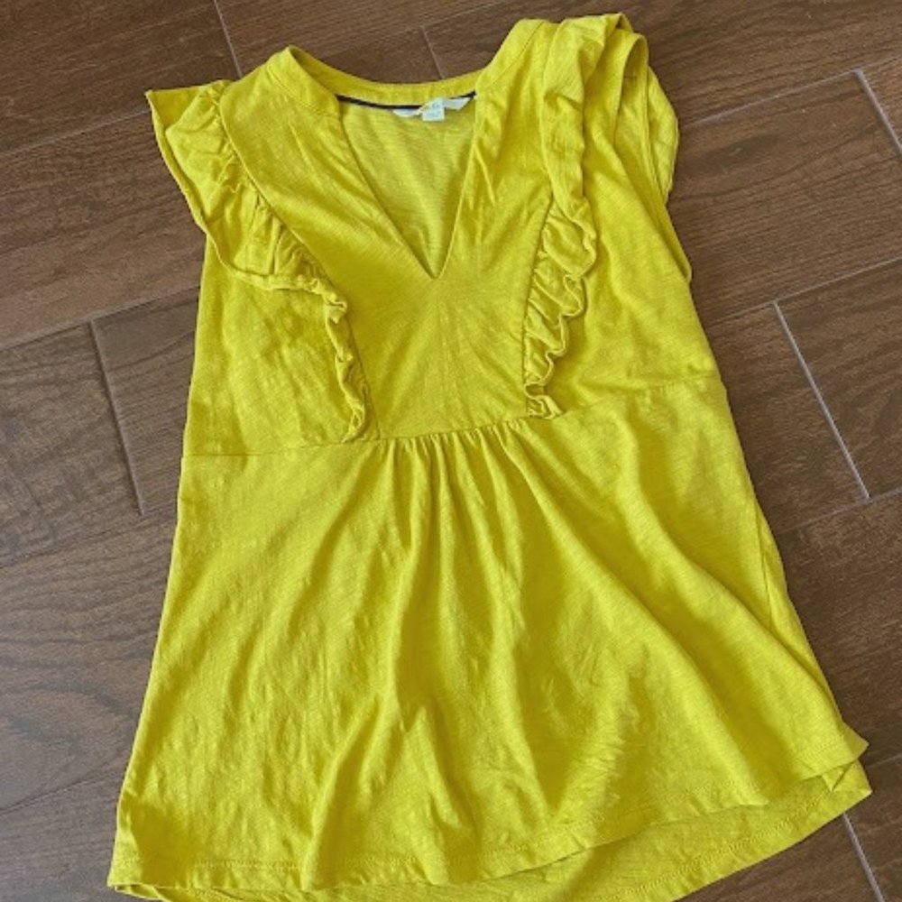 Boden V-Neck Yellow/Green Sleeveless Top w/ Ruffles